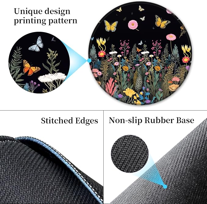 Hancynir Butterfly Floral Round Mouse Pad, Small Mousepad for Laptop Desk | Mouse Mat for Computer, Non-Slip Rubber Base, Office Desk Decor, Gifts for Work Coworker Teacher, 8.6 Inch, Stitched Edges