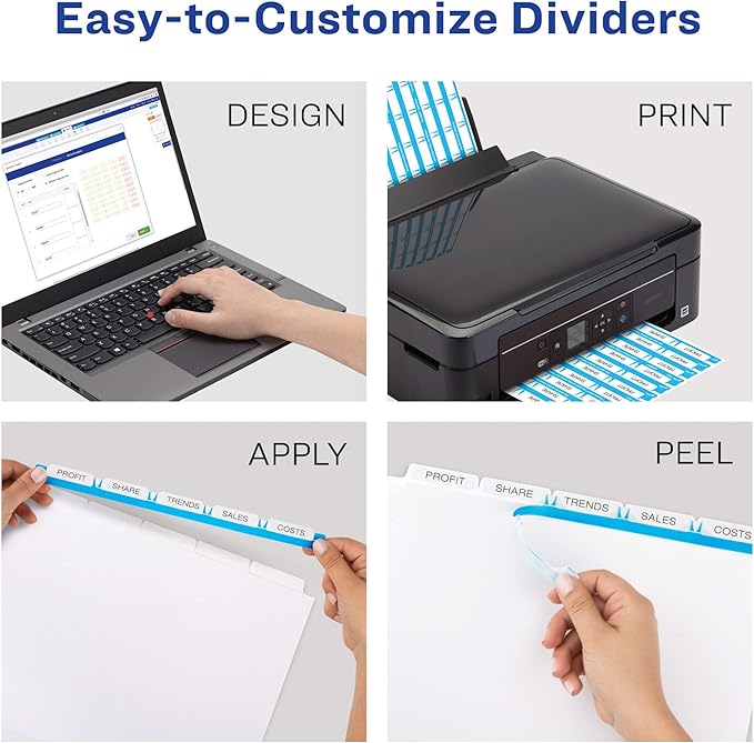 Avery 5 Tab Dividers for 3 Ring Binder, Easy Print & Apply Clear Label Strip, Index Maker Customizable White Tabs, 6-Pack of 25 Sets, 150 Sets Total (11446)