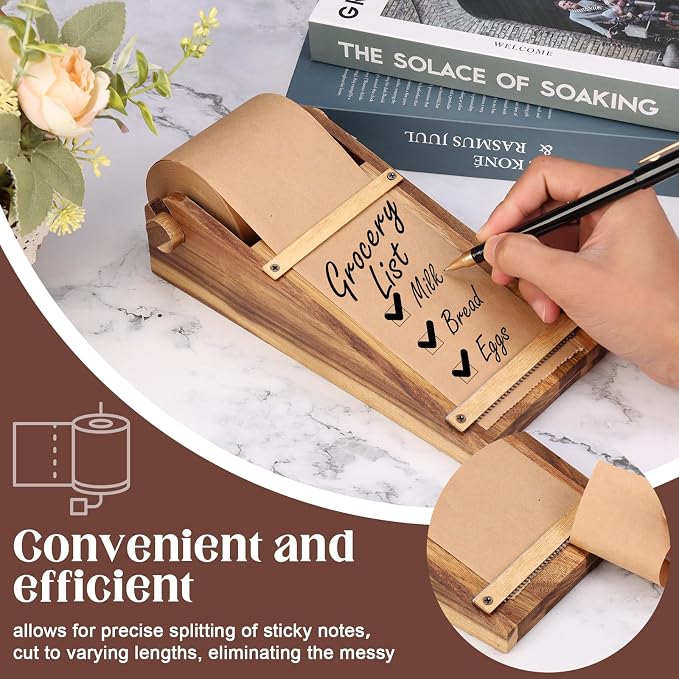 Note Paper Roll Dispenser Desktop Kraft Paper Roll Dispenser Holds 3” Wide with 98ft Wooden Note Taking Roller Holder Tearable Cutter Grocery List Sticky or Home