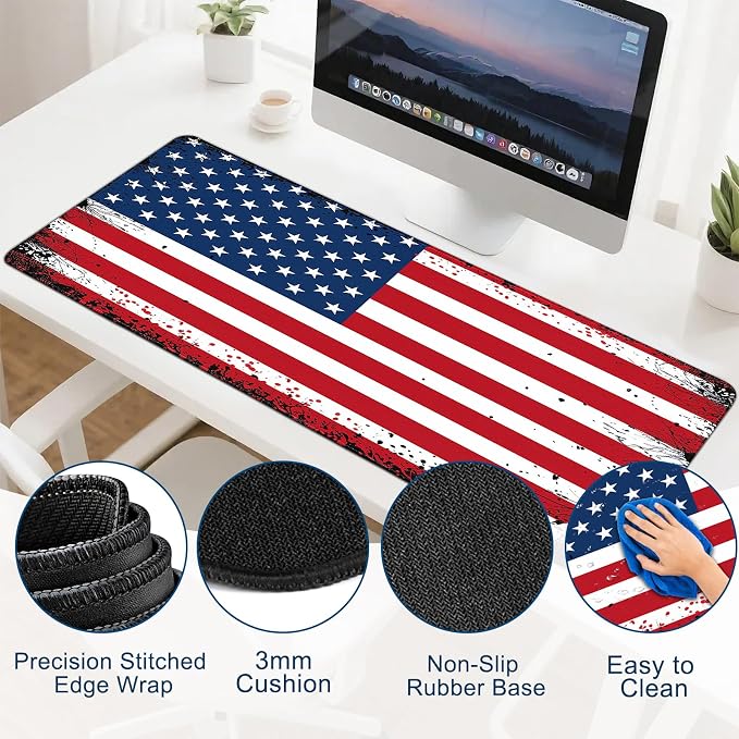 Gaming Desk Mat with Silky Smooth Surface & Exquisite Patterns,31.5x11.8 Inches Large-Sized Mouse Pad, Perfect for Extended Gaming,Work,and Home Office Decor (American Flag 3)