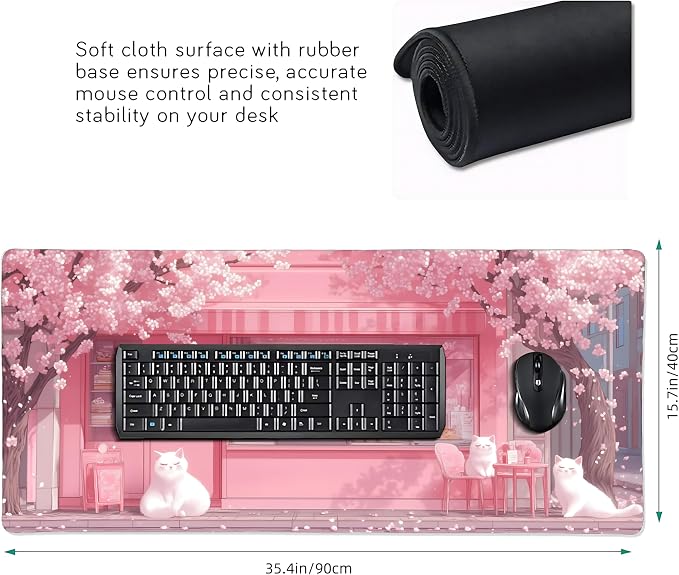 Cute Anime White Cat Gaming Mouse Pad, Pink Warm Healing Desk Mat with Anti-Slip Base & Stitched Edges,35.4" x 15.7" in Desk Accessories for Women, Home Office Decor & Artistic Gift