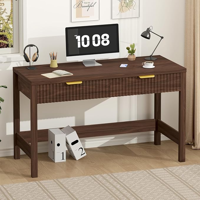 47 Inch Small Fluted Computer Desk with 2 Drawers for Bedroom, Home Office | Small Computer Desk with Storage, Compact Writing Study Desk for Small Spaces, Walnut