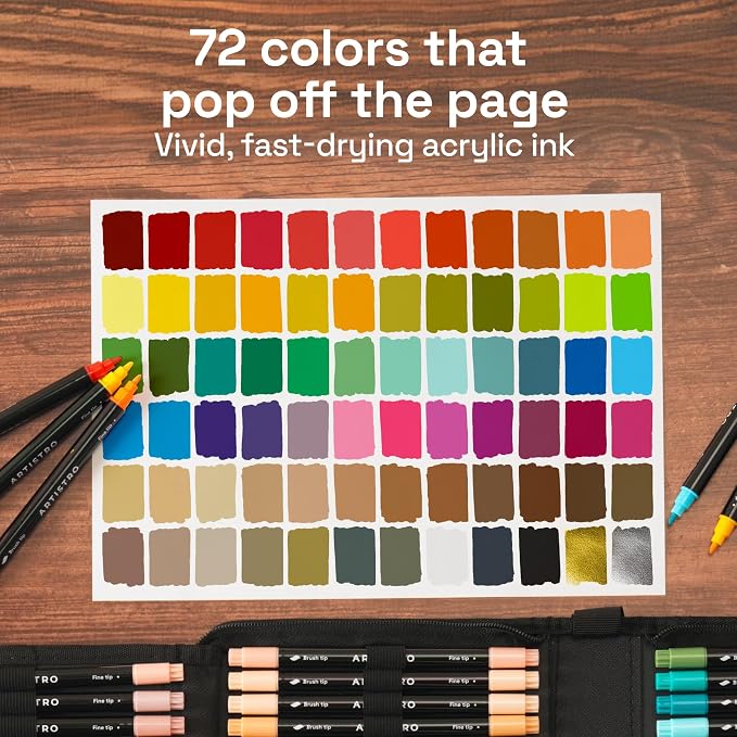 ARTISTRO Acrylic Paint Markers, Dual-Tip Paint Pens, Black 72 Pack | Brush & Fine Precision Tips, Painting & Calligraphy, Multisurface for Fabric, Rock, Glass Painting, Wood, DIY, Craft, Canvas