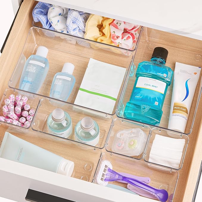 Vtopmart 66 PCS Clear Plastic Drawer Organizers Set, Vanity Organizer Trays | 4-Size Versatile Makeup Organizer, Non-Slip Storage Containers for Makeup, Jewelries, Bedroom，Kitchen Utensils and Office