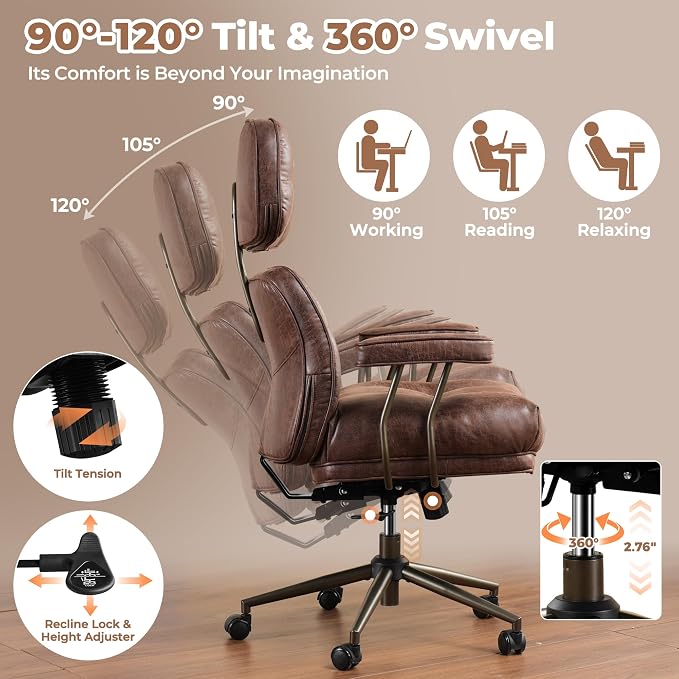 ovios Home Office Chair with Thick Cushion, Mid-Century Modern Faux Leather Ergonomic Chairs, High Back Swivel Rolling Computer Executive Armchair (Dark Brown, Suede Leather)