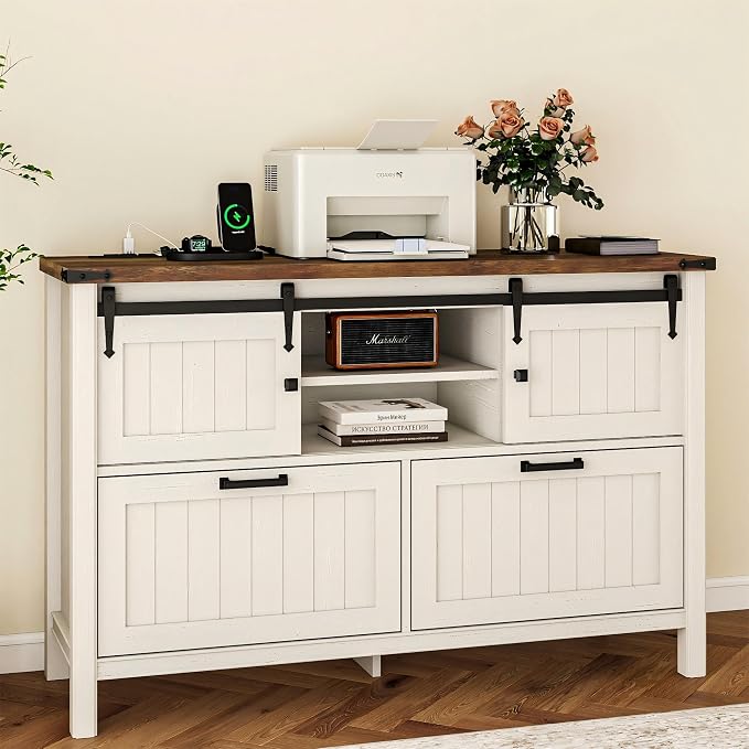 Farmhouse File Cabinet for Home Office, White Printer Stand | Office Credenza Storage Cabinet,Sliding Barn Doors & 2 Large File Drawers for Legal/A4/Letter Size, Home Office, Living Room