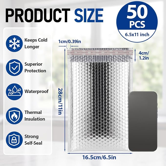 50 Pack 6.5 x 11 Inch Insulated Bubble Mailers, Silver | Self Adhesive Closure, Foil Lined Interior, Padded Cushioning, Waterproof, Cold Delivery Packing, for Food and Cosmetics