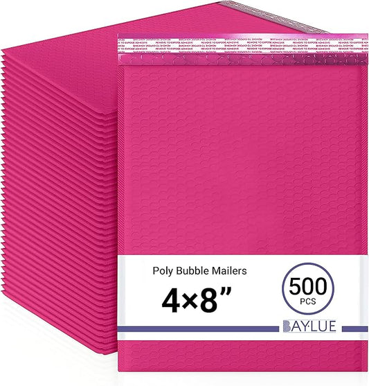 Hot Pink Small Poly Bubble Mailers 4x8 inch #000 | Self Seal Padded Envelopes | Cushioned Bubble Mailer | WaterProof trading card sports card | Lightweight mailing Shipping Bags | 500 Pack Bulk