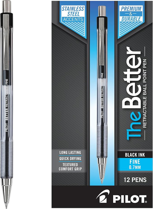 PILOT The Better Ball Point Pen, Fine Point 0.7mm, Black Ink, 12-Pack