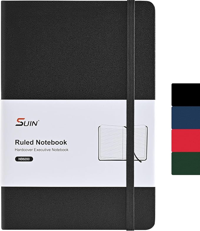 A5 Hardcover Lined Journal, 192 Pages, 100 GSM Smooth Paper, Black | Clean Full-Page Ruled Layout, Slim Sturdy Cover, Color-Matched Bookmark & Secure Elastic Closure