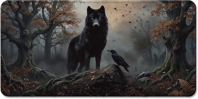 Moody Forest Wolf Raven Gothic Large Mouse Pad 31.5x15.7 Inch,M002 | Dark botanical wolf raven crow desk mat for home office dorm computers, gothic office decor and vintage desk accessories