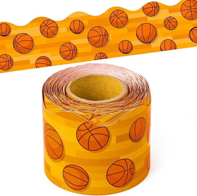 BeYumi Basketball Sport Border Trim - 65ft Back to School Basketball Sport on Orange Scalloped Rolled Border Trim Ball Sports Theme Bulletin Board Set Party School Classroom Chalkboard Wall Decoration