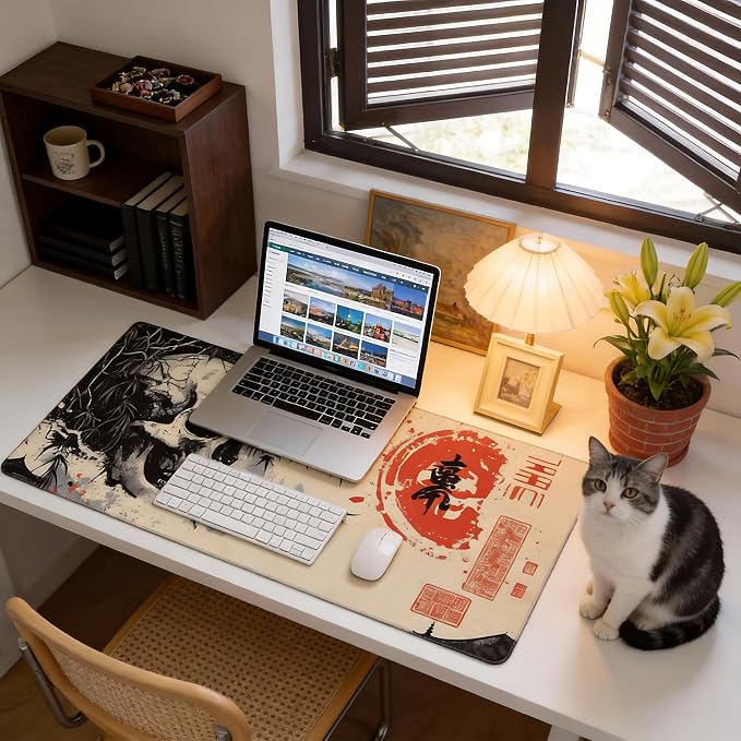 Aesthetic Skull Gaming Mouse Pad, Beige Black Japanese Desk Mat with Anti-Slip Base & Stitched Edges,35.4" x 15.7" in Desk Accessories for Women, Home Office Decor & Artistic Gift