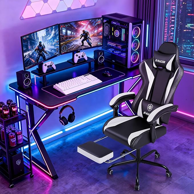 Homall Gaming Chair with Massage & Footrest, Ergonomic Computer Office Chair, High-Back Racing Style Reclining Chair with Adjustable Lumbar Support, PU Leather for Adults (White)