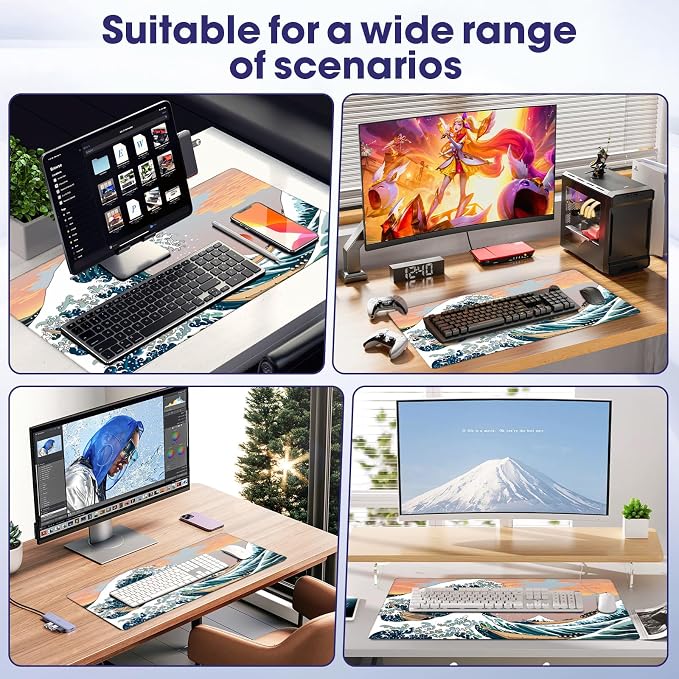 Large Extended Mouse Pad with Stitched Edges 35.4"x15.7" - Waterproof Desk Mat, Non-Slip Rubber Base for All-Desk Coverage, Perfect for Gaming Office Home, Sun Wave