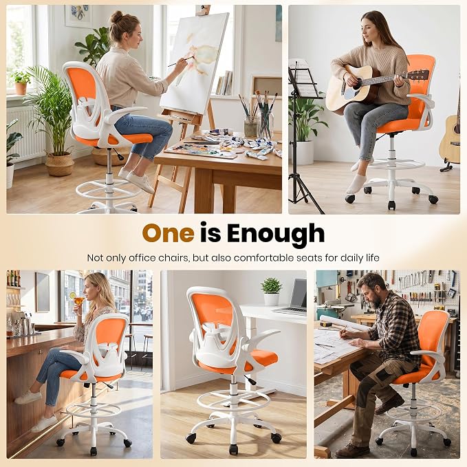 Drafting Chair Tall Office Chair with Flip-up Armrests Executive Ergonomic Computer Standing Desk Chair with Lumbar Support and Adjustable Footrest Ring (Sunset Orange)