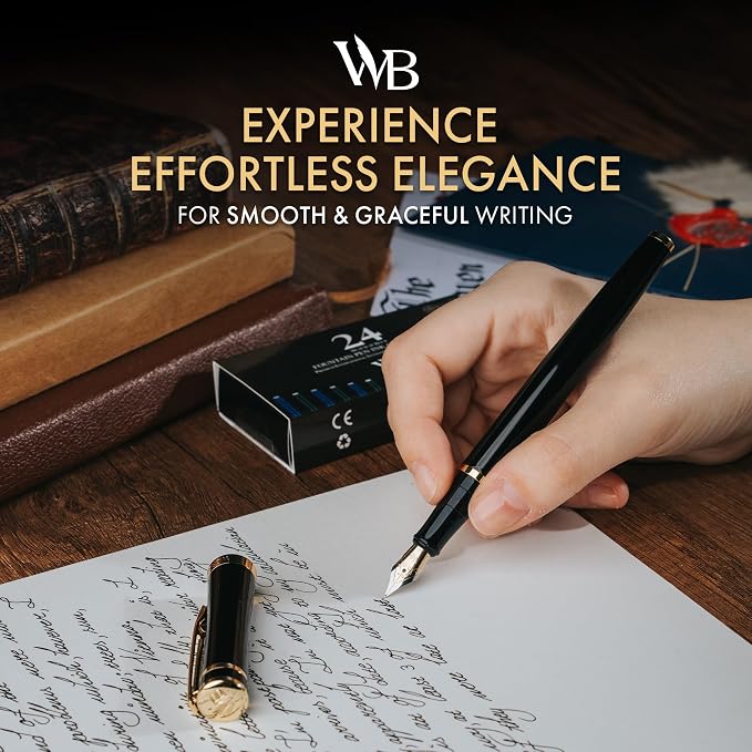 Wordsworth & Black Fountain Pen Set for Writing,Extra Fine Nib, Black | Gift for Men & Women, Brass Body, 18K German Iridium, Calligraphy, Converter + 24 Ink Cartridges, Refillable, Leak-Free