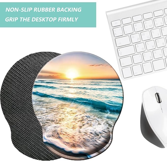 Mouse Pad with Wrist Support, Ergonomic Mouse Pad with Memory Foam Wrist Rest Cushion, Non-Slip Rubber Base Gaming Mice Pad for Home Office Computer Laptop, Beach