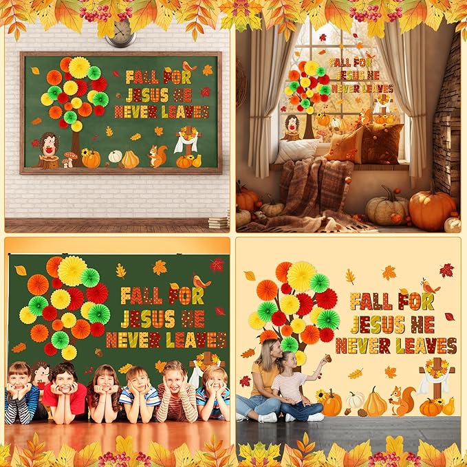 81 Pcs Fall for Jesus He Never Leaves Bulletin Board Set Thanksgiving Tree Bulletin Board Decorations for Classroom 3D DIY Paper Fans Religious Cross Wall Decor Thanksgiving Hedgehog Cutouts