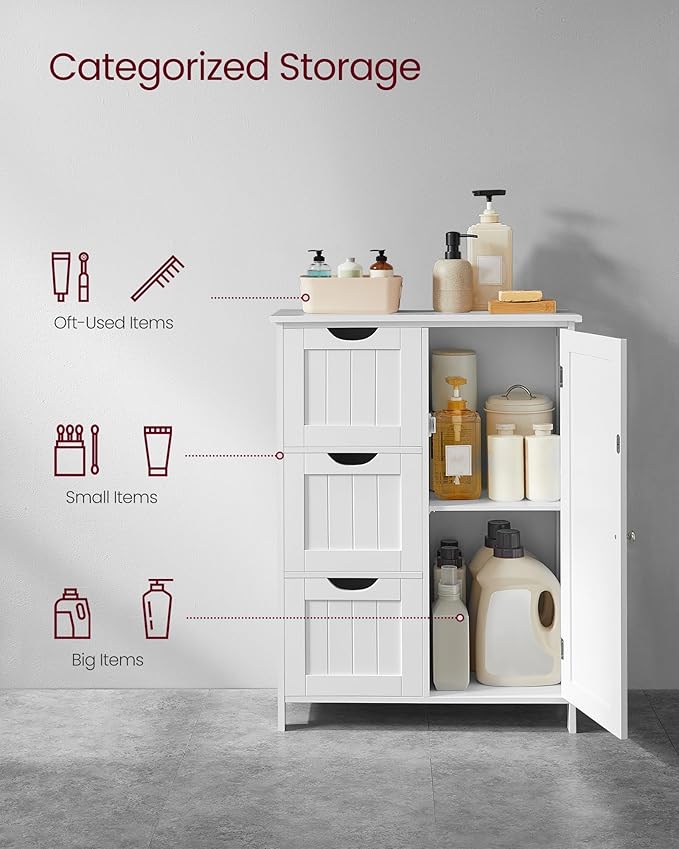 VASAGLE Floor Storage Cabinet, Freestanding Storage Unit with 3 Drawers, 1 Adjustable Shelf, for Bathroom Living Room Dining Kitchen, 11.8 x 23.6 x 31.5 Inches, Cloud White UBBC049WH01S