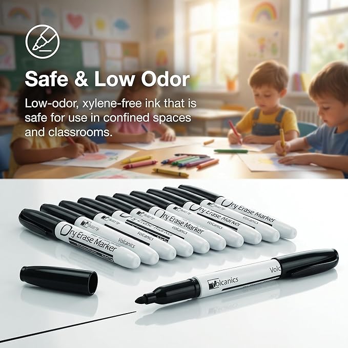 Volcanics Black Dry Erase Markers Low Odor Fine Whiteboard Markers Thin Box of 12