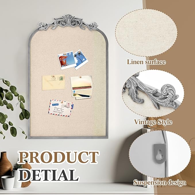 Vintage Framed Pin Board Linen Display Bulletin Board Large Ornate Fabric Picture Photo Pinboard Memo Decorative Prayer Pinboard Ornate for Wall Gift(Arch,19" X 31",Silver)