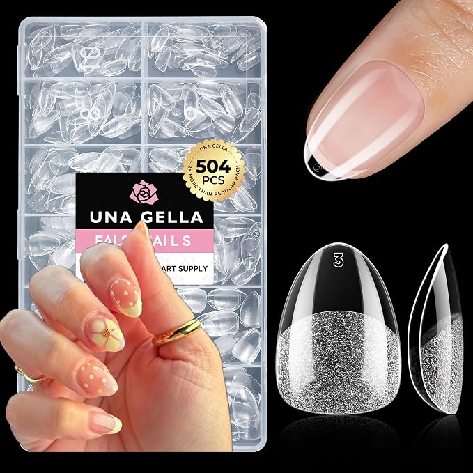 UNA GELLA Extra Short Almond Nail Tips Full Cover 504PCS Gel Nail Tips | XS Short Almond Shaped Nails Tips Soft Gel Clear Fake Nails Tip for Acrylic Nail Tip Home DIY Salon Nails 12 Sizes