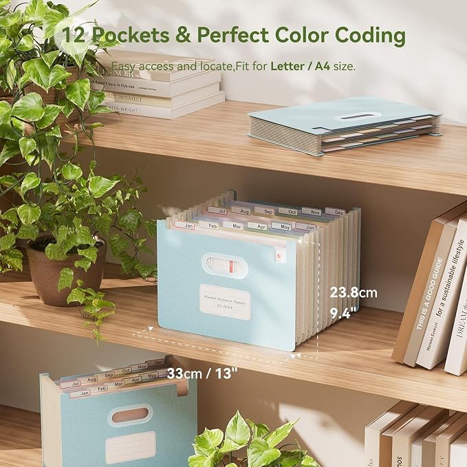 EcoStash 12 Pockets Accordion File Organizer, Upright & Open Top | Wheat Straw, 100% BPA Free, Monthly Bill Receipt Organizer, Letter/A4 Size for School Home Office Hospital - Sky Blue