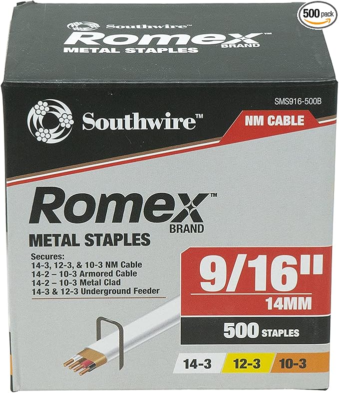 Southwire SMS916-500B; 500 Piece 9/16-inch Romex Metal Staples; Silver