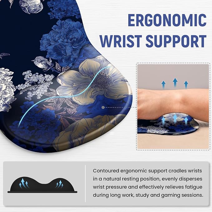 Ergonomic Mouse Pad with Wrist Rest, Gel Wrist Support, Indigo | 10.2 x 7.6 in Mouse Pad with Smooth Fabric Surface and Non-Slip Rubber Base for Office, Home, Study, and Gaming