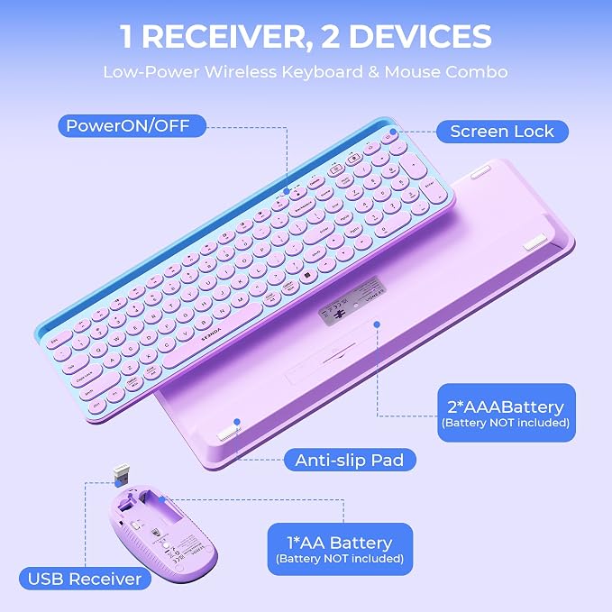 seenda CTU-301 Bluetooth Keyboard and Mouse Combo for iPad,Blue&Purple | Bluetooth+2.4G combo with tablet holder, full-size keys and quiet clicks for iPad, iPhone, Mac, Windows and Android.