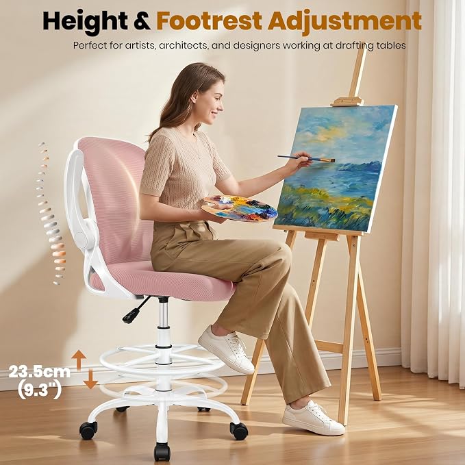 Drafting Chair Tall Office Chair with Flip-up Armrests Executive Ergonomic Computer Standing Desk Chair with Lumbar Support and Adjustable Footrest Ring (Rose Quartz)