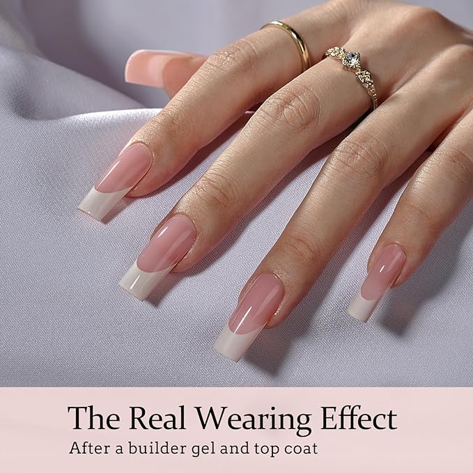 BTArtboxnails French Tip Press on Nails - XCOATTIPS White French Tip Nails, Pink Long Square Nail Tips, Soak Off Acrylic Fake Nails Extensions