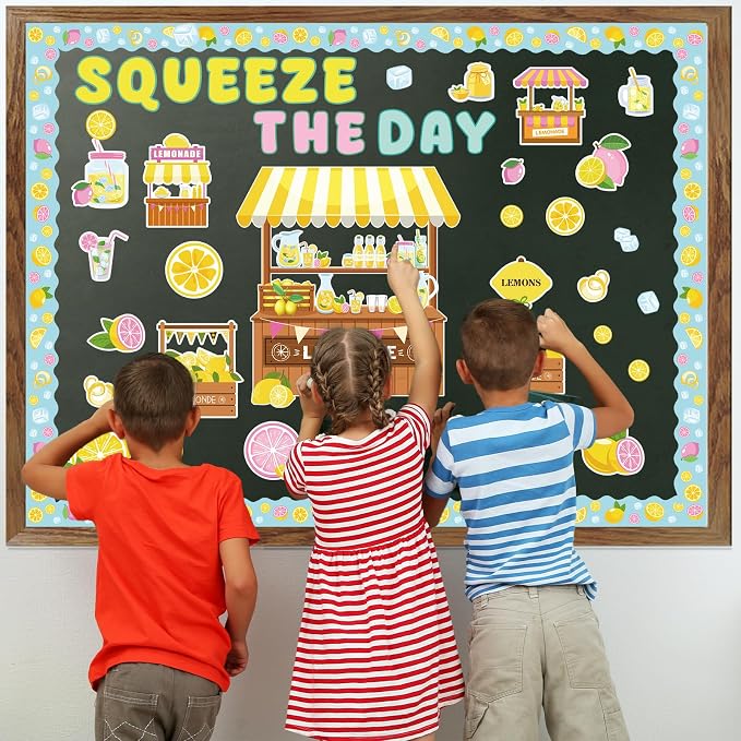 Wxiben Lemon Bulletin Board Decorations, Lemonade Stand Classroom Decor | Squeeze The Day Cutouts Summer Bulletin Board Set, Back to School Office Wall Decorations Supplies