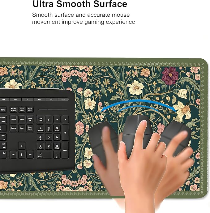 Cute Floral Aesthetic Dahlia Gaming Mouse Pad, Dark Green Rug Desk Mat with Anti-Slip Base & Stitched Edges, Computer Keyboard & Laptop Pad, 35.4" x 15.7" in in Workstation Accessories