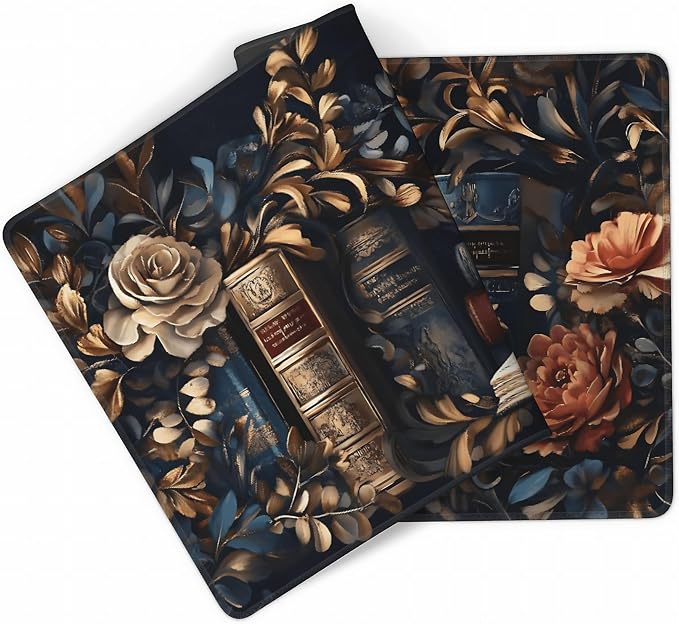Floral Aesthetic Book Gaming Mouse Pad, Black Gold Baroque Desk Mat with Anti-Slip Base & Stitched Edges, Computer Keyboard & Laptop Pad, 35.4" x 15.7" in in Workstation Accessories