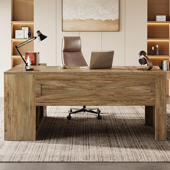 Tribesigns 71" L-Shaped Executive Desk with File Cabinet, Large Office Computer Table with Storage Shelves, Professional Business Furniture Workstation for Home Office, Rustic Brown