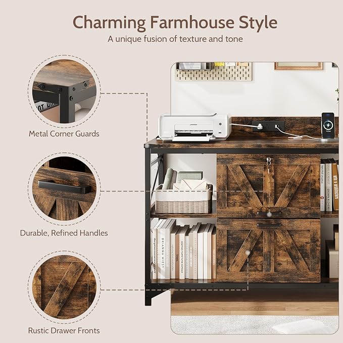 44" File Cabinet, Lateral Filing Cabinet for Home Office with 2 Drawers, Office Storage Cabinet with Lock and Key, Wooden Printer Stand with 4 Storage Shelves, Power Outlets, Bookshelf, Rustic Brown