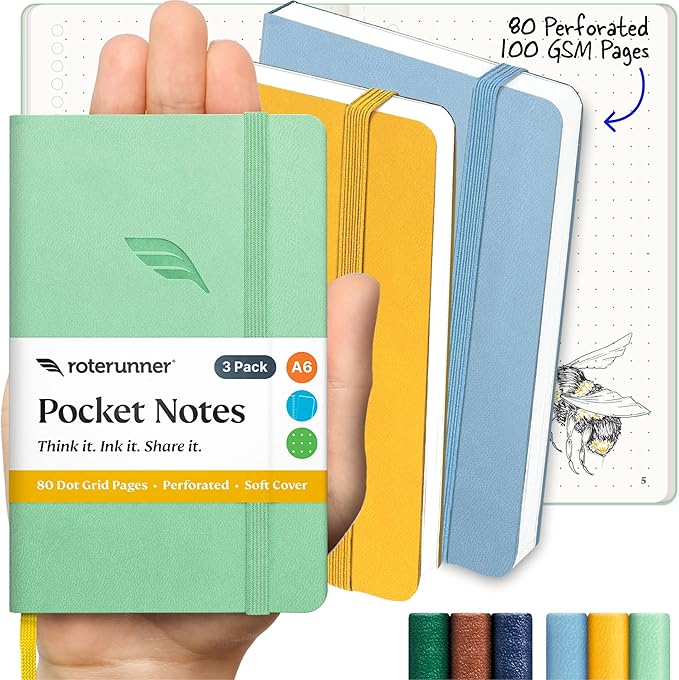 Roterunner A6 Pocket Notebook (Spring Pastel) 3 Pack 3.5x5.5 Dotted Mini Notebook Journal 100Gsm Perforated Paper, Work Gym Travel Journal Notebook, Leather Small Notebook Numbered with Notes Index