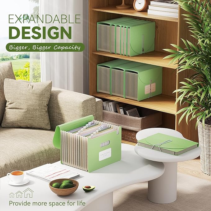 Accordion File Organizer, 12-Pocket Wheat Straw Expanding File Folder, Portable Monthly Bill & Tax Receipt Organizer, Letter/A4 Size Document Holder with Colorful Tabs-Grass Green