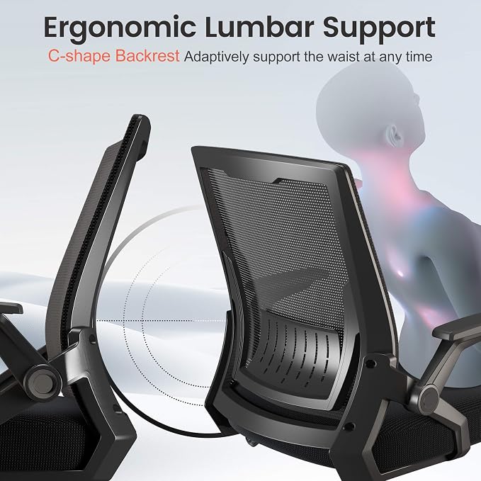 GTPLAYER Ergonomic Office Chair with Flip-up Armrests Executive Computer Chair for Home Office, Breathable Mesh & Comfy Lumbar Support, Pack of 2, Space Black