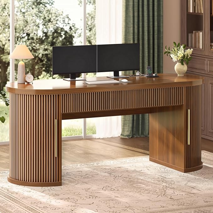 SEDETA 58.3" x 21.7" Fluted Office Executive Desk with 2 Drawers Storage | Brown Long Computer Desk with 2 Sliding Doors Shelves and Power Strip, Wood Curve Desk for Work, Writing, Study