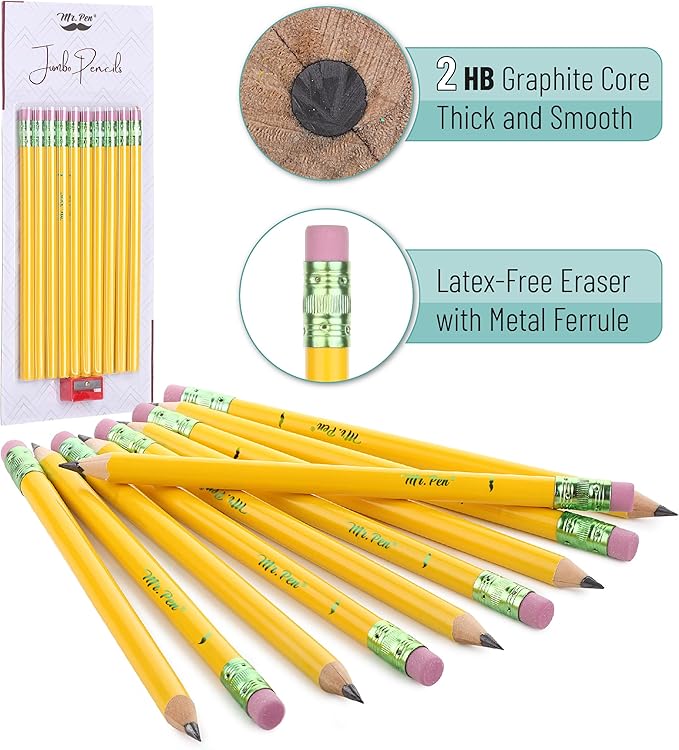 Mr. Pen- Jumbo Pencils for Preschoolers, 10 Big Pencil and 1 Sharpener, Fat Pencils for Kindergarten, Large Pencil