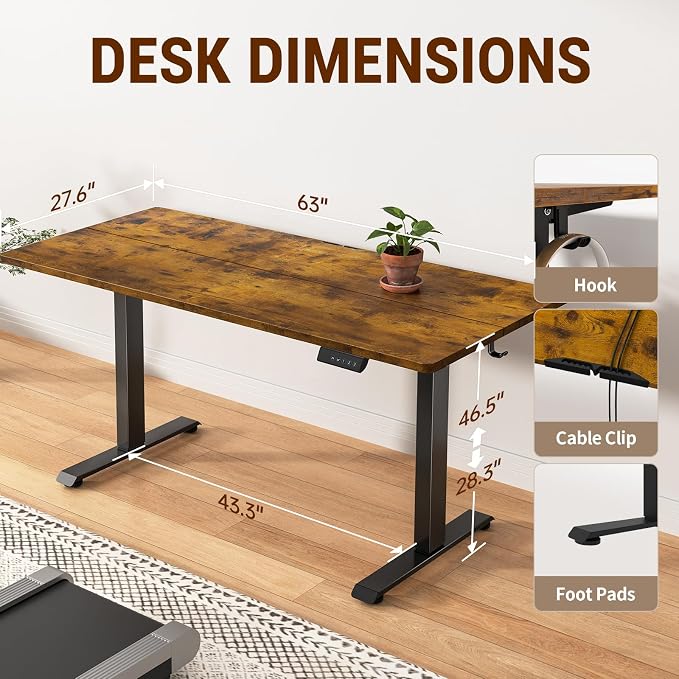 Veken 63×27.6 Inch Large Electric Standing Desk, Gaming Table, Brown | Height Adjustable Sit Stand Up Computer Tables for Home Office, Study , Writing, Suit students, employees and group work