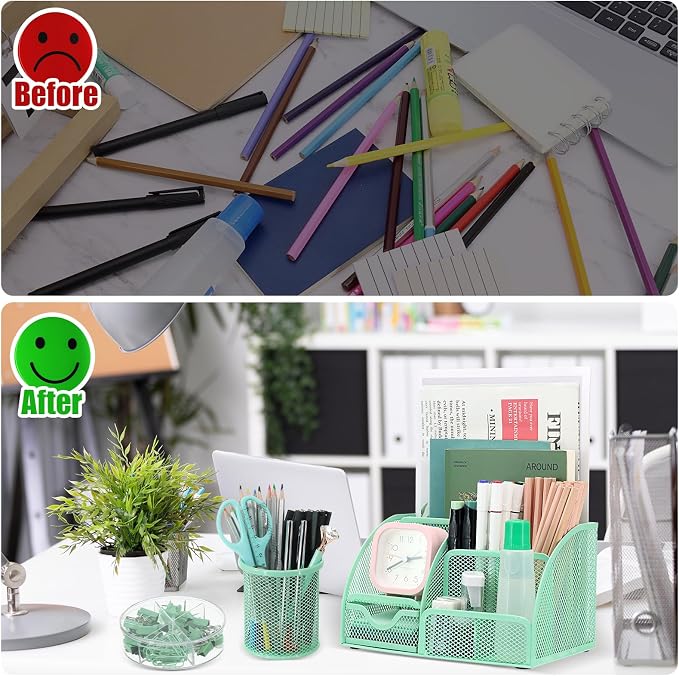 13-in-1 Office Desk Organizer Set for Back to School Supplies Accessories | Organizer Set with Stapler and Tape Dispenser, Pen Holder, Scissors, Ruler, Hole Punch, 2 Pens & More Desk Supplies