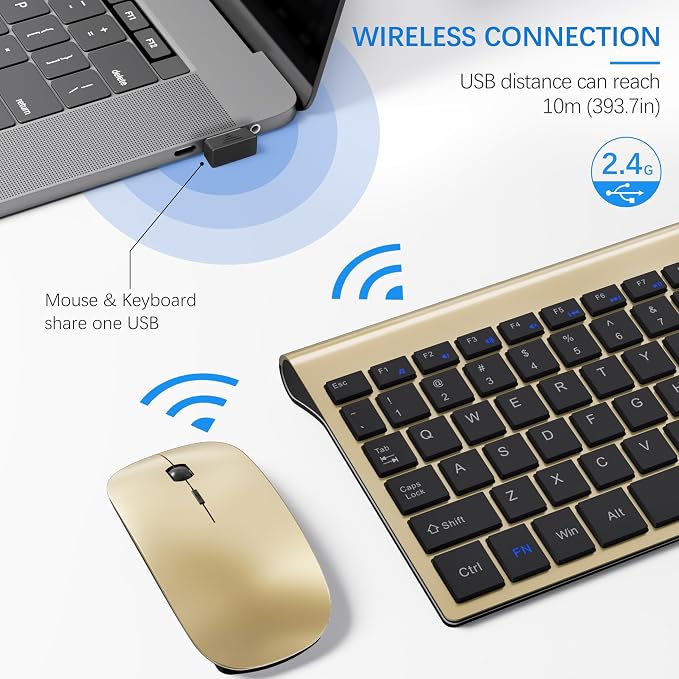 Wireless Keyboard and Mouse Ultra Slim Combo, TopMate - Gold Black | 2.4G Silent Compact 2400DPI Mouse and Scissor Switch Keyboard Set with Cover, Batteries Included, for PC/Laptop/Windows/Mac