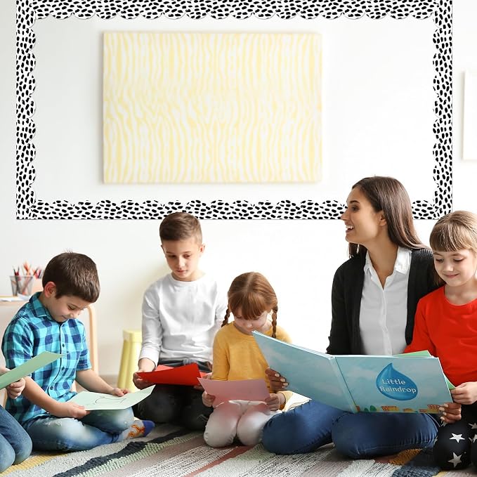 Zonon 65 Feet Bulletin Board Borders, Scalloped Black White Dots Classroom | White with Black Dots Pattern, Scalloped Edge Trim, Perfect for Classroom Bulletin Board Displays, Back to School Decoration