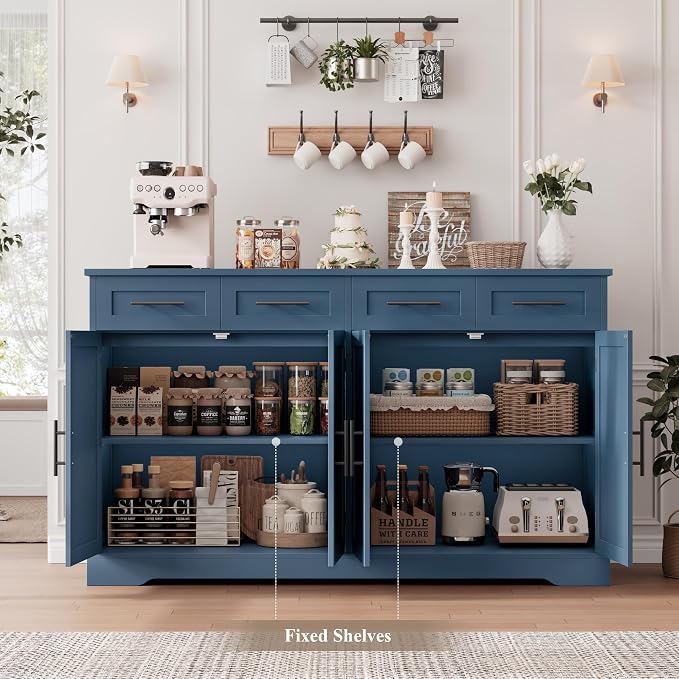HOSTACK 60" W Sideboard Buffet Cabinet with Storage, Kitchen Cabinet, Blue | 36" Tall Kitchen Buffet Storage Cabinet with 4 Drawers, Large Coffee Bar Cabinet, Modern Buffet Table for Dining Living Room