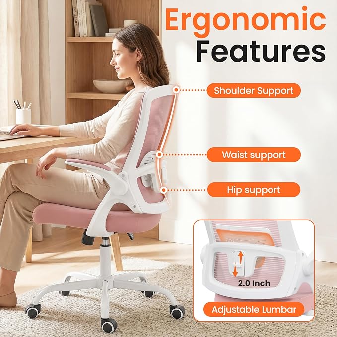 NEO CHAIR Office Desk Mesh Chair with Adjustable Ergonomic Lumbar, Pink | Breathable Mesh Back Support with Flip-Up Armrests and Wide Seat Cushion for Comfortable Home Office Work and Gaming Setup