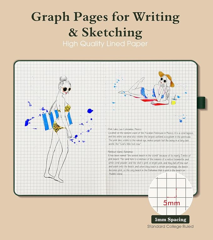 PAIBAS Graph Notebook for Women Men, 160 Pages Grid Paper, Graphing Notebooks for School, Work, Quad Ruled, Inner Pocket, A5 Hardcover Vintage Leather Journals for Writing, 5.8"x8.5" (Green)